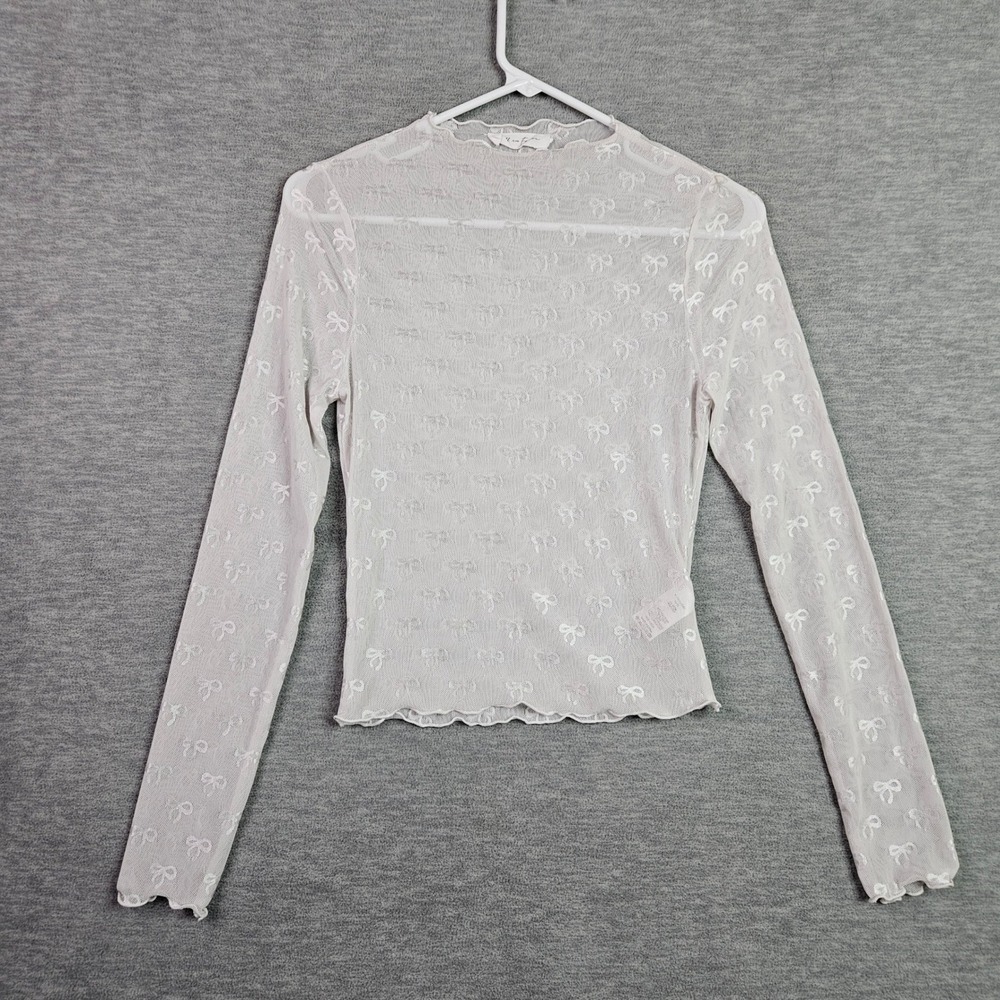 All in Favor White Sheer Mesh Bow Long Sleeve Mock Neck Top Women's Sz M
